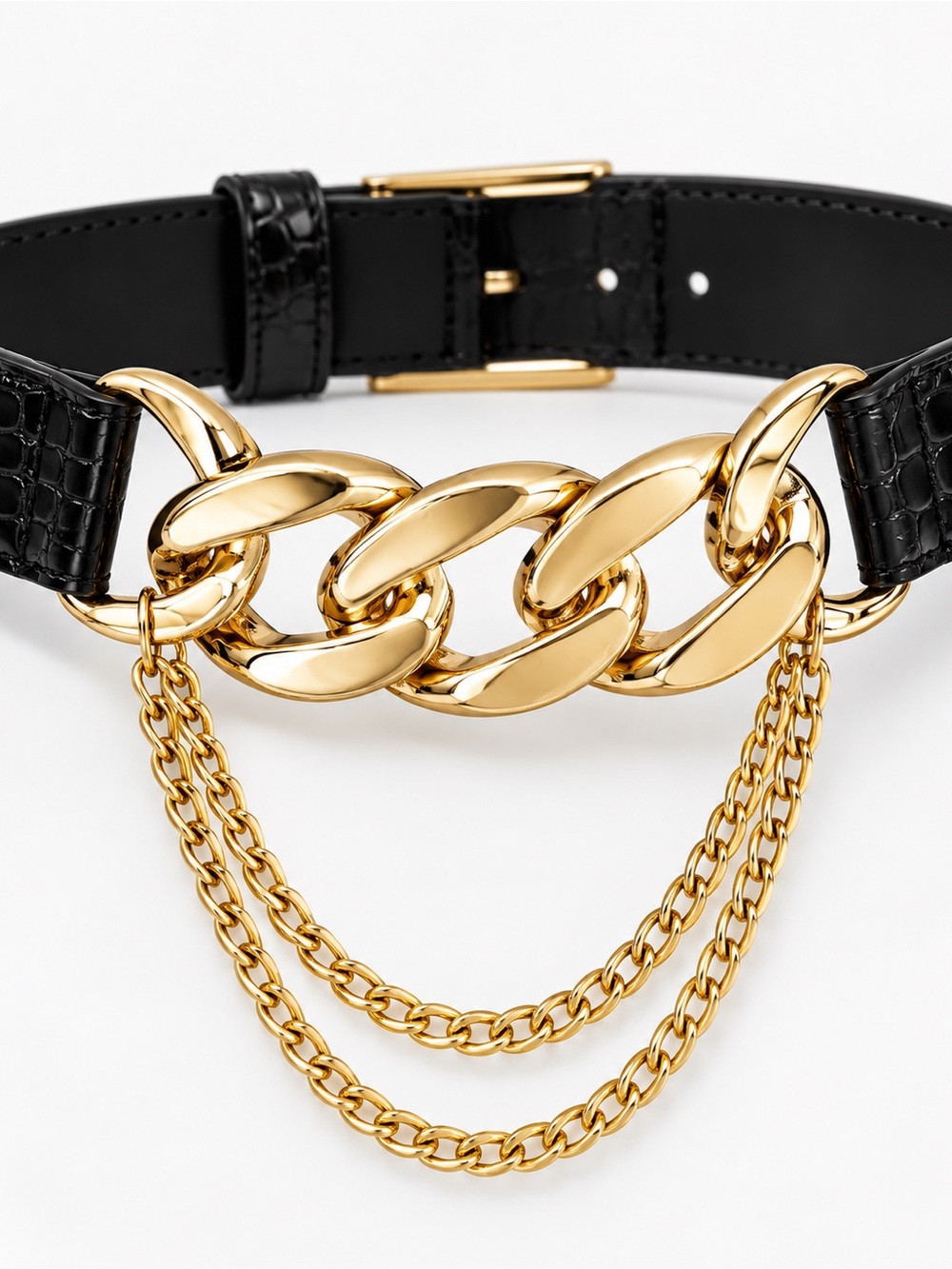 Black Leather Belt with Gold Chain Link Accent